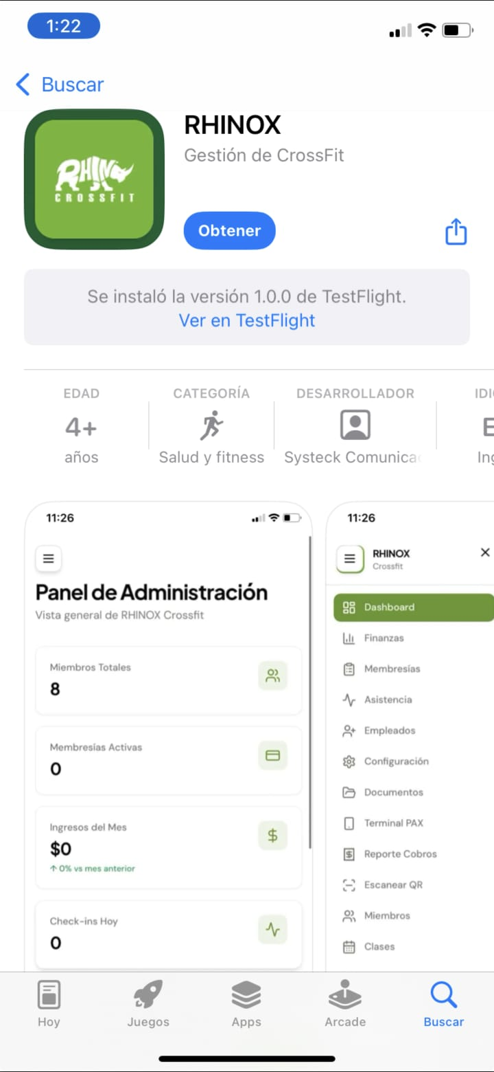Captura de RHINOX en App Store para iPhone con aviso de TestFlight